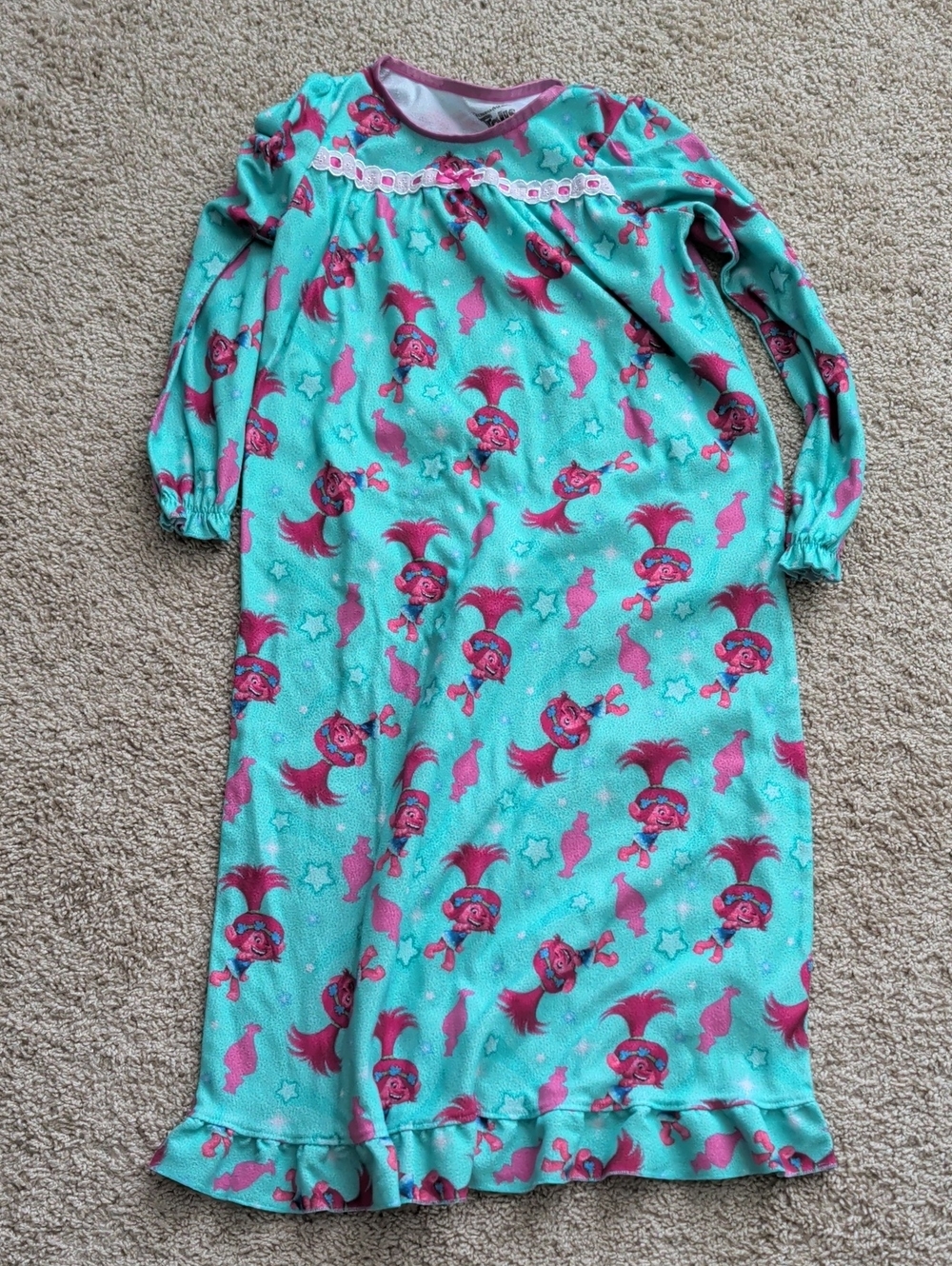 Trolls Aqua and Hot Pink Long Sleeve Girls Nightgown with Ruffle Hem
